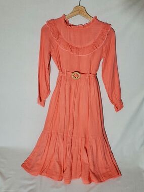 Girls 12 Coral Salmon Ruffle Long Sleeve Dress TieBelt Prairiecore Cottage Party